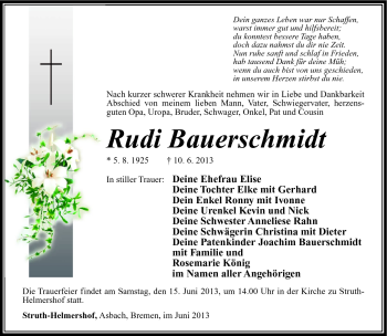 Traueranzeige von Rudi Bauerschmidt von Südthüringer Presse