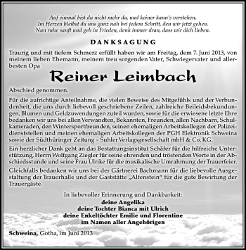 Traueranzeige von Reiner Leimbach von Südthüringer Presse