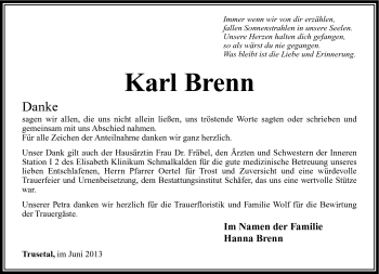 Traueranzeige von Karl Brenn von Südthüringer Presse