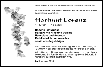 Traueranzeige von Hartmut Lorenz von Südthüringer Presse