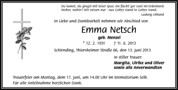 Traueranzeige von Emma Netsch von Frankenpost