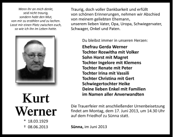 Traueranzeige von Kurt Werner von Südthüringer Presse