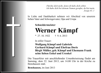 Traueranzeige von Werner Kämpf von Südthüringer Presse