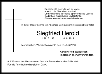 Traueranzeige von Siegfried Herold von Frankenpost