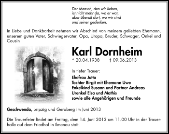 Traueranzeige von Karl Dornheim von Südthüringer Presse