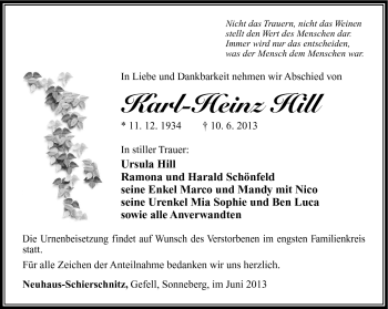 Traueranzeige von Karl-Heinz Hill von Südthüringer Presse