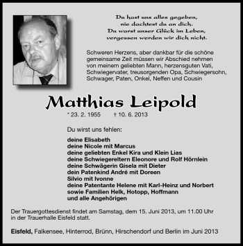 Traueranzeige von Matthias Leipold von Südthüringer Presse