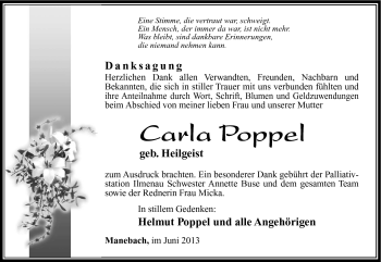 Traueranzeige von Carla Poppel von Südthüringer Presse