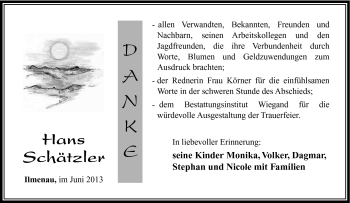 Traueranzeige von Hans Schätzler von Südthüringer Presse