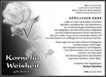 Traueranzeige von Kornelia Weisheit von Südthüringer Presse