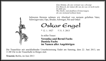 Traueranzeige von Oskar Engel von Südthüringer Presse