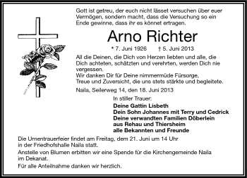 Traueranzeige von Arno Richter von Frankenpost
