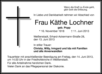 Traueranzeige von Käthe Lochner von Frankenpost
