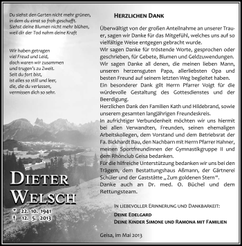 Traueranzeige von Dieter Welsch von Südthüringer Presse