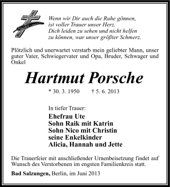 Traueranzeige von Hartmut Porsche von Südthüringer Presse