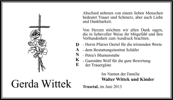 Traueranzeige von Gerda Wittek von Südthüringer Presse