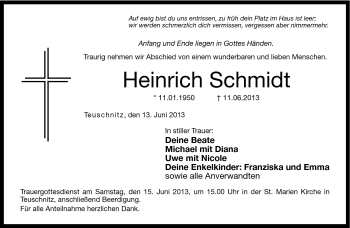 Traueranzeige von Heinrich Schmidt von Neue Presse Coburg