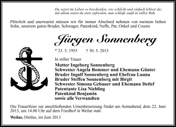 Traueranzeige von Jürgen Sonnenberg von Südthüringer Presse