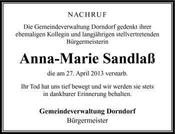 Traueranzeige von Anna-Marie Sandlaß von Südthüringer Presse