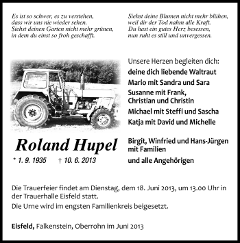 Traueranzeige von Roland Hupel von Südthüringer Presse