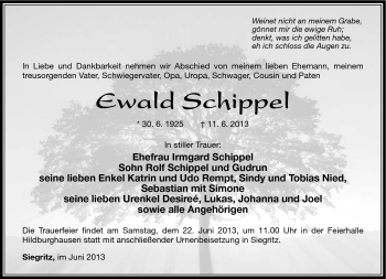 Traueranzeige von Ewald Schippel von Südthüringer Presse