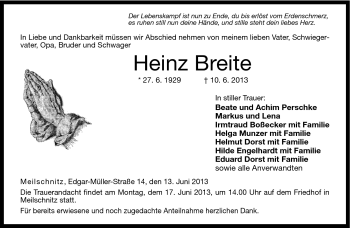 Traueranzeige von Heinz Breite von Neue Presse Coburg
