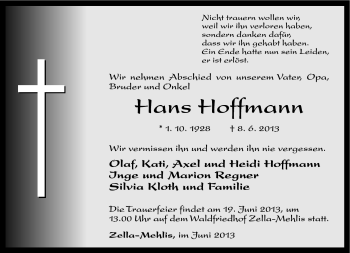 Traueranzeige von Hans Hoffmann von Südthüringer Presse
