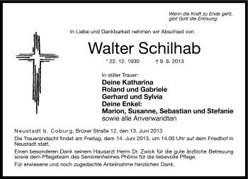 Traueranzeige von Walter Schilhab von Neue Presse Coburg