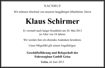 Traueranzeige von Klaus Schirmer von Südthüringer Presse
