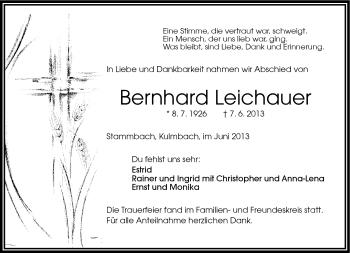 Traueranzeige von Bernhard Leichauer von Frankenpost