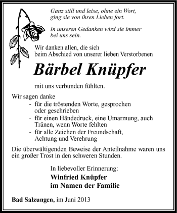 Traueranzeige von Bärbel Knüpfer von Südthüringer Presse