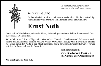 Traueranzeige von Ernst Noth von Südthüringer Presse