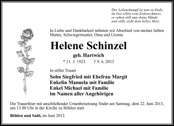 Traueranzeige von Helene Schinzel von Südthüringer Presse