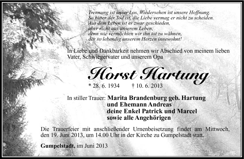 Traueranzeige für Horst Hartung vom 14.06.2013 aus Südthüringer Presse