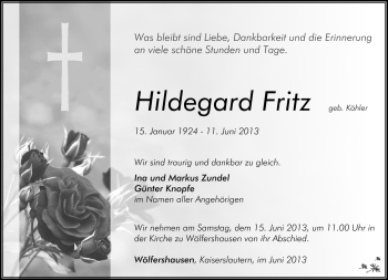 Traueranzeige von Hildegard Fritz von Südthüringer Presse