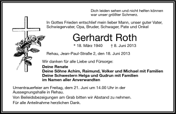 Traueranzeige von Gerhardt Roth von Frankenpost