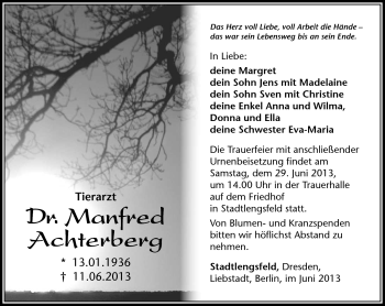 Traueranzeige von Manfred Achterberg von Südthüringer Presse