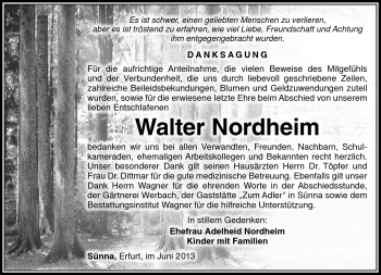 Traueranzeige von Walter Nordheim von Südthüringer Presse