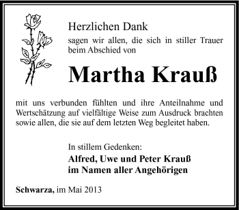 Traueranzeige von Martha Krauß von Südthüringer Presse