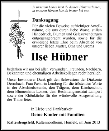 Traueranzeige von Ilse Hübner von Südthüringer Presse