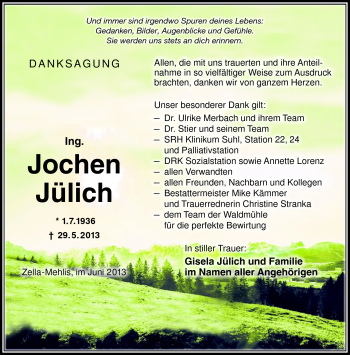 Traueranzeige von Jochen Jülich von Südthüringer Presse