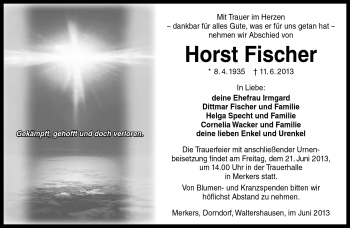 Traueranzeige von Horst Fischer von Südthüringer Presse