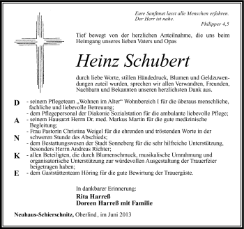 Traueranzeige von Heinz Schubert von Südthüringer Presse