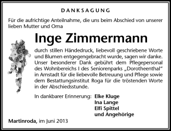 Traueranzeige von Inge Zimmermann von Südthüringer Presse