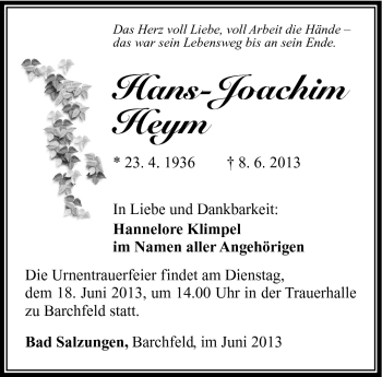 Traueranzeige von Hans-Jpachim Heym von Südthüringer Presse