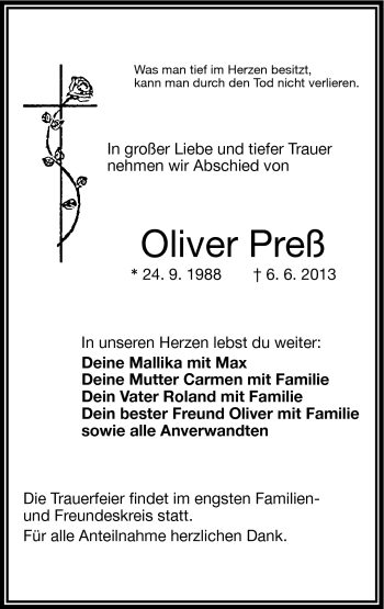 Traueranzeige von Oliver Preß von Frankenpost