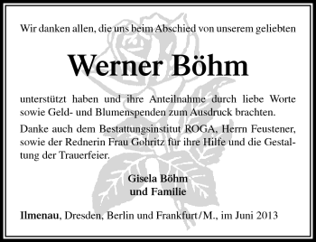 Traueranzeige von Werner Böhm von Südthüringer Presse