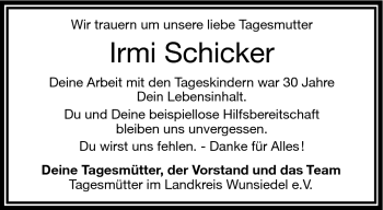 Traueranzeige von Irmi Schicker von Frankenpost