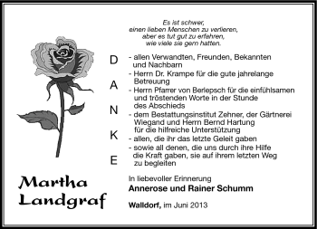Traueranzeige von Martha Landgraf von Südthüringer Presse