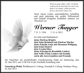 Traueranzeige von Werner Tunger von Südthüringer Presse